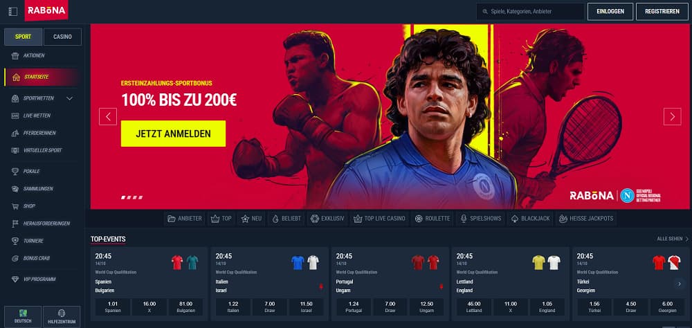 Rabona Casino-Startseite mit dunklem Sportdesign und einem Banner mit Athleten sowie einem 100 % Sportbonus bis zu 200 €. Die Navigation umfasst Sportwetten, Live-Events, Casinospiele und Top-Spiele mit Quoten für Fußball, Rugby und Tennis.